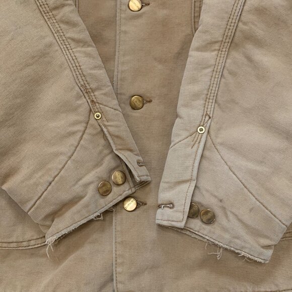 Vintage Carhartt Beige Chore Coat Corduroy Collar & Brass Buttons Sz 40 Oil Rig - Picture 4 of 11